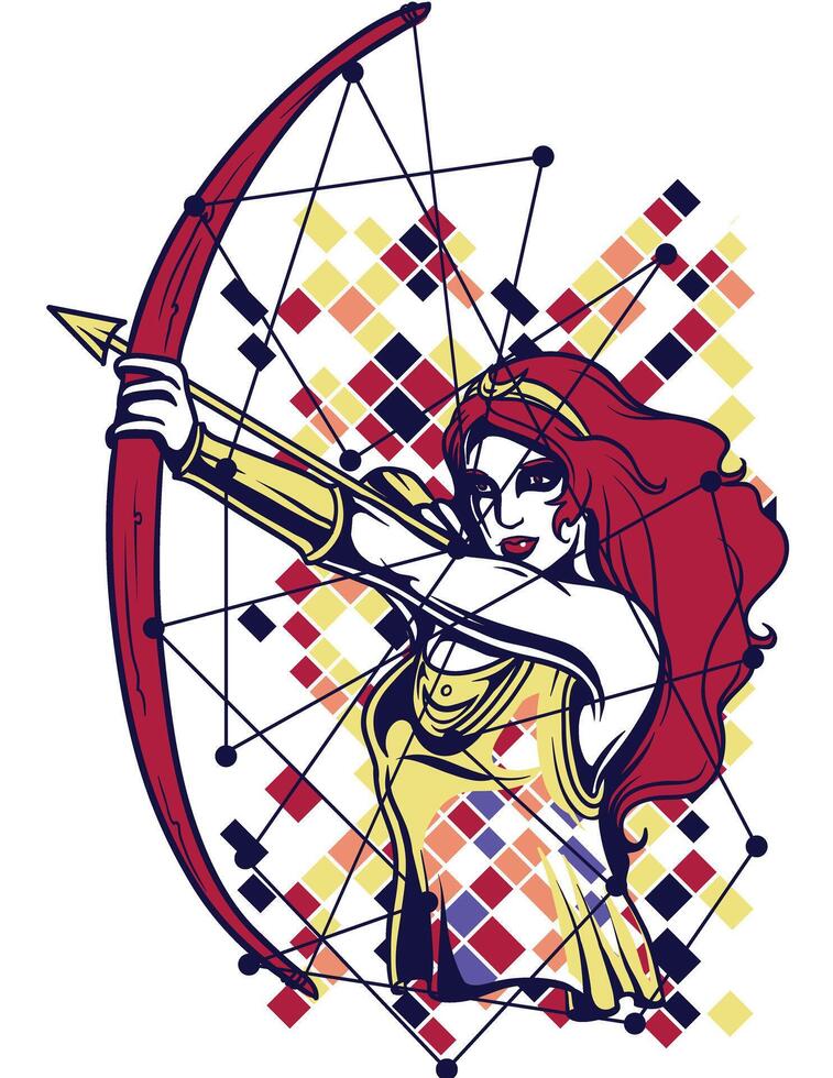 Warrior Woman with Bow and Arrow Fantasy T-Shirt Design Illustration vector