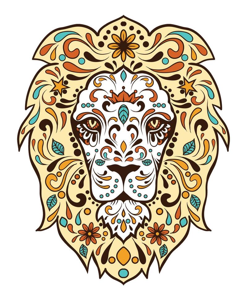 Lion Face Pattern T-Shirt Graphic, Tribal Figure Art Illustration, Vintage Animal Print Design vector