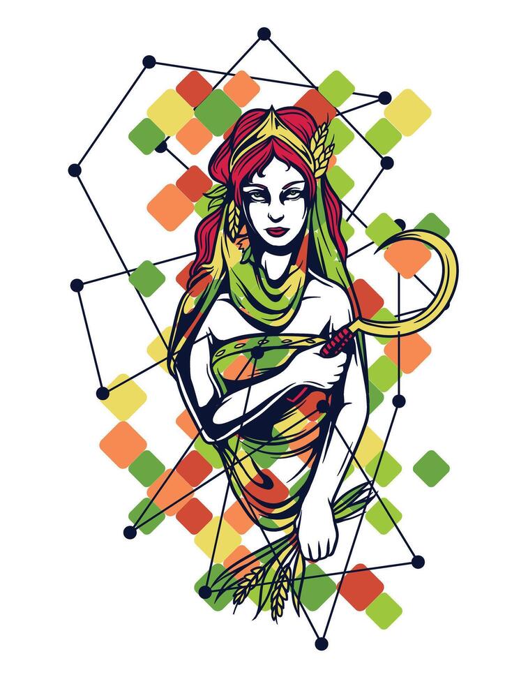 Vibrant Art T-Shirt Design Featuring a Colorful Woman with Sickle, Unique Figure Illustration vector