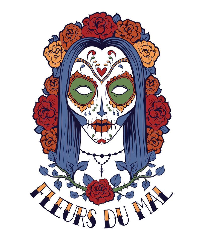 Dark Floral Gothic Skull Art, Feminine Macabre T-Shirt Design Illustration vector