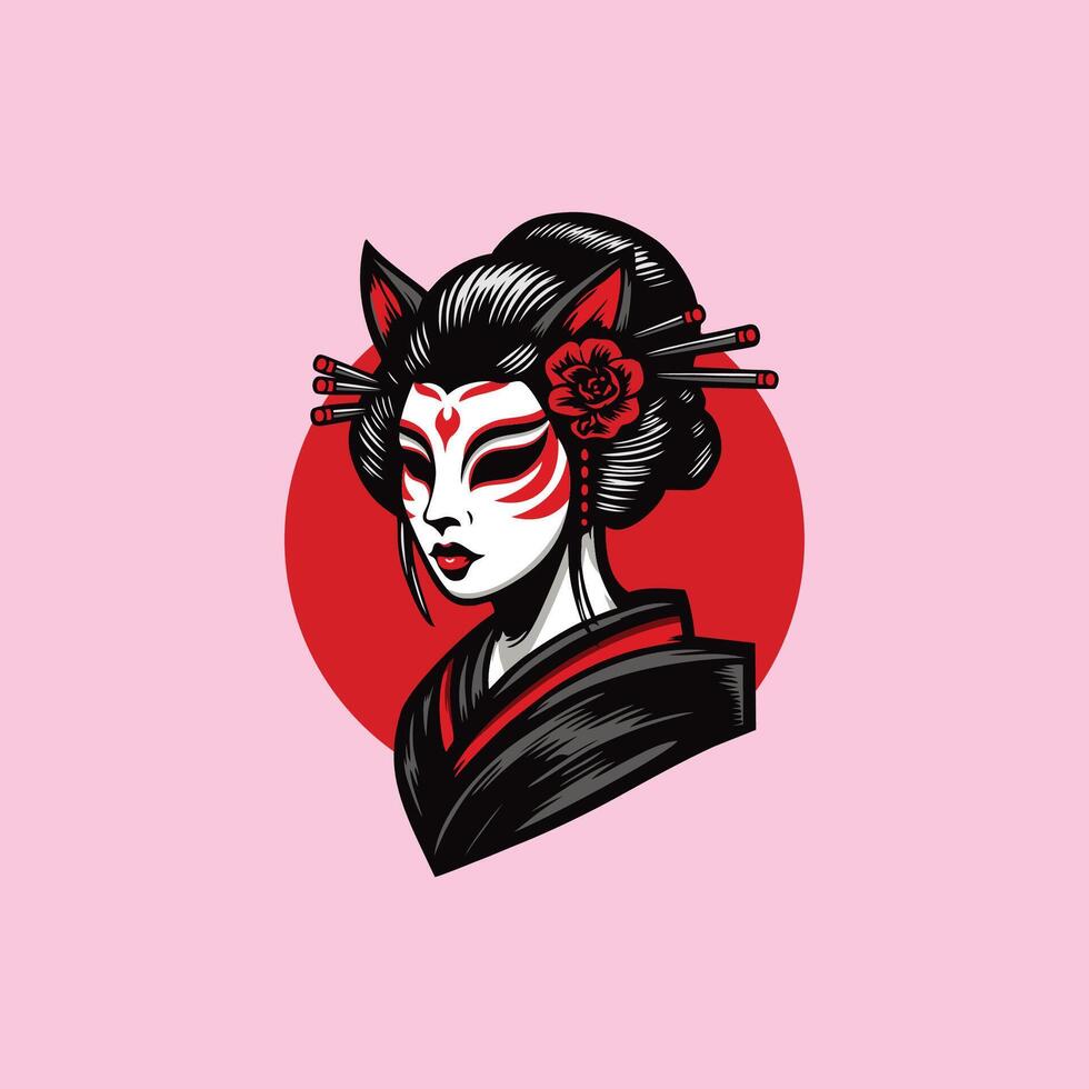 Geisha japanesse girl with red hair and black fox ears vector
