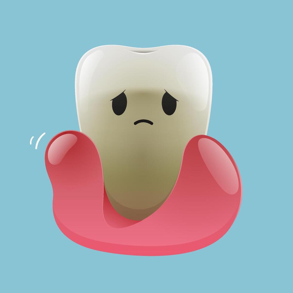 Cartoon tooth in pain with swollen gum and gum recession showing dental inflammation. vector