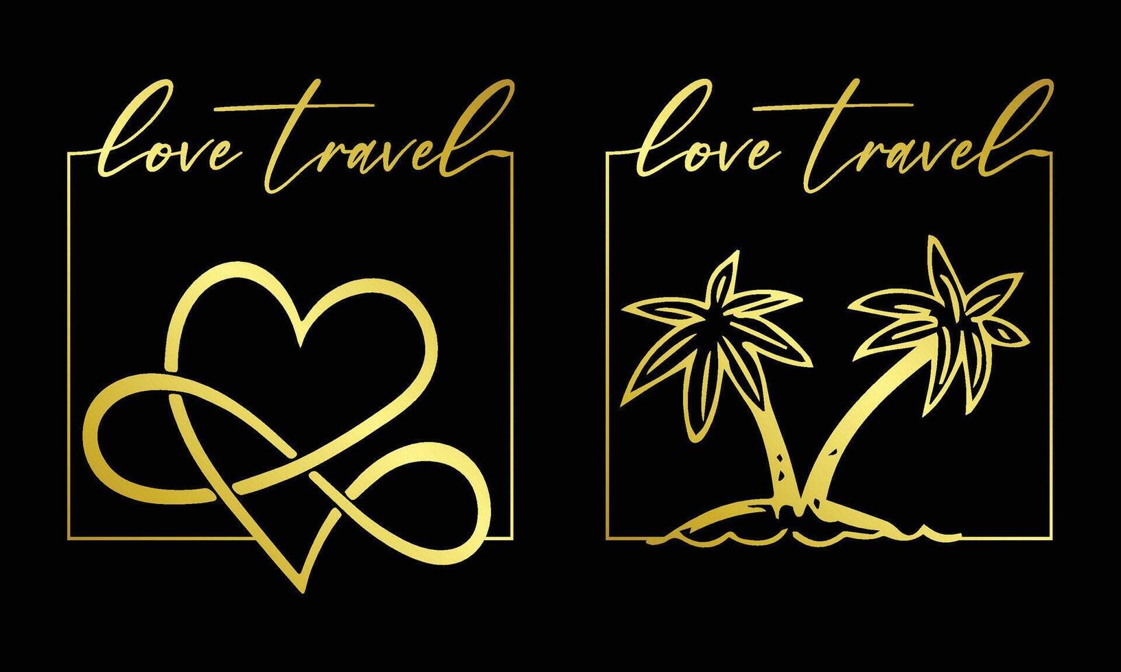 Elegant gold love travel logo set with heart and palm trees in gold foil color on black background for t-shirt print. apparel, stickers, sublimation vector