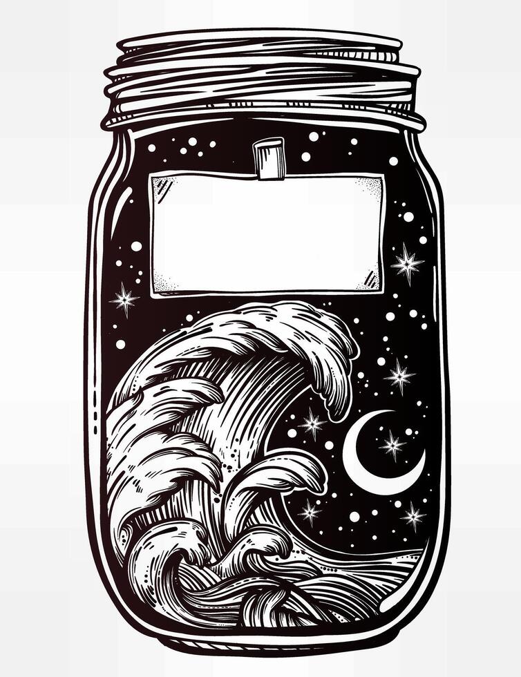 Surreal Wave and Starry Sky in Jar Art T-Shirt Design Illustration vector