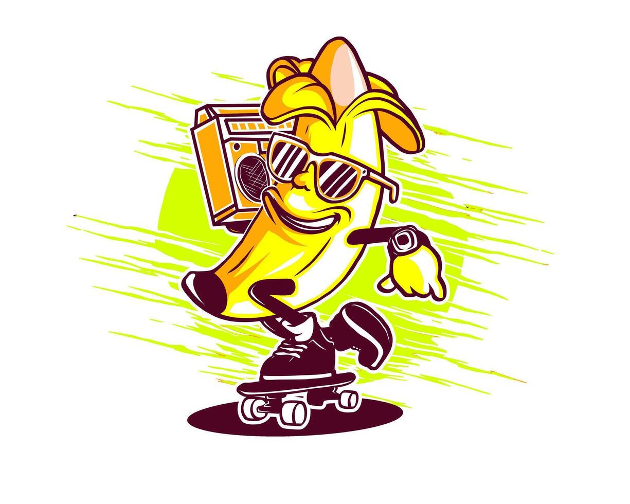 Funny Banana Skateboard Graphic Tee Art, Retro Fruit Skateboarder Illustration, Cool Urban Streetwear Design vector