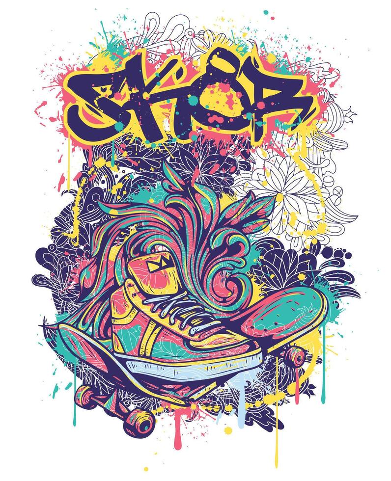 Skateboard Graphic T-Shirt Design, Vibrant Streetwear Art, Full Color Illustration for Print and Merchandise vector