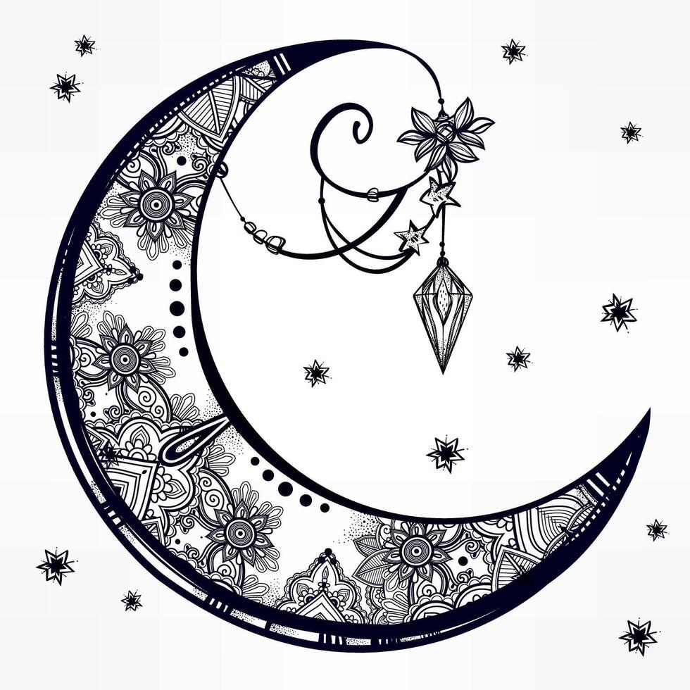 Crescent Moon Flower Art T-Shirt Design Illustration vector
