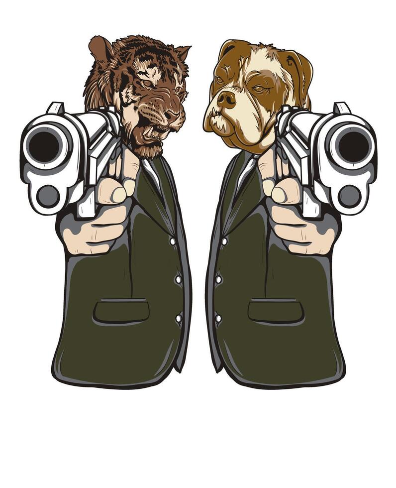 Aggressive Bulldog and Tiger Armed Illustration for Edgy T-Shirt Graphic Design vector