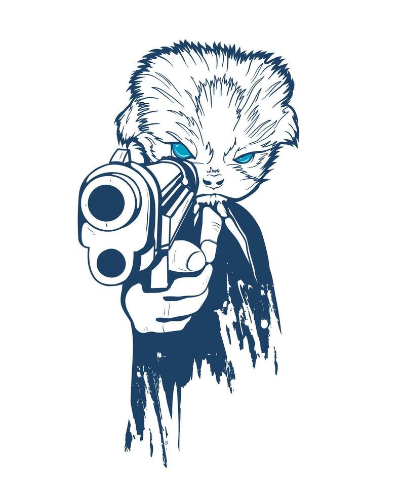 Armed Cat Punk Art T-Shirt Graphic Vintage Cartoon Illustration vector