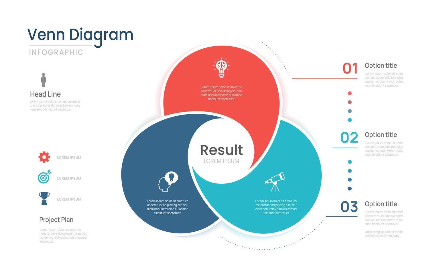 Venn diagram business infographic circle chart template three steps options, presentation with venn diagram elements. vector