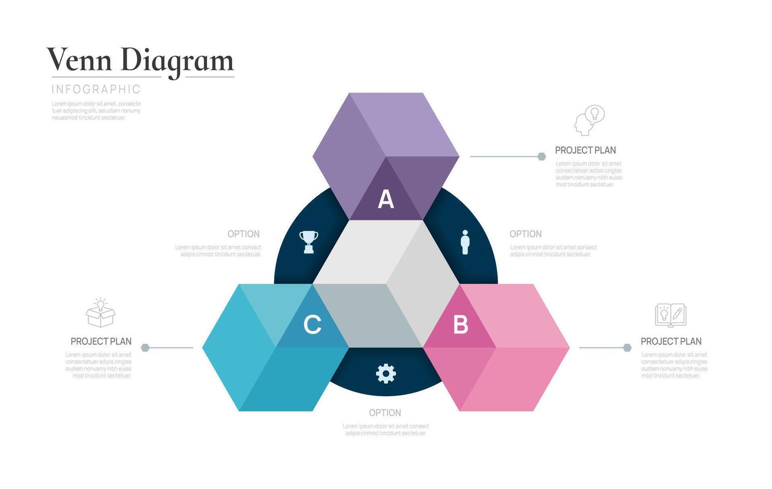Venn diagram business infographic circle chart template 3 steps options, presentation with venn diagram. vector