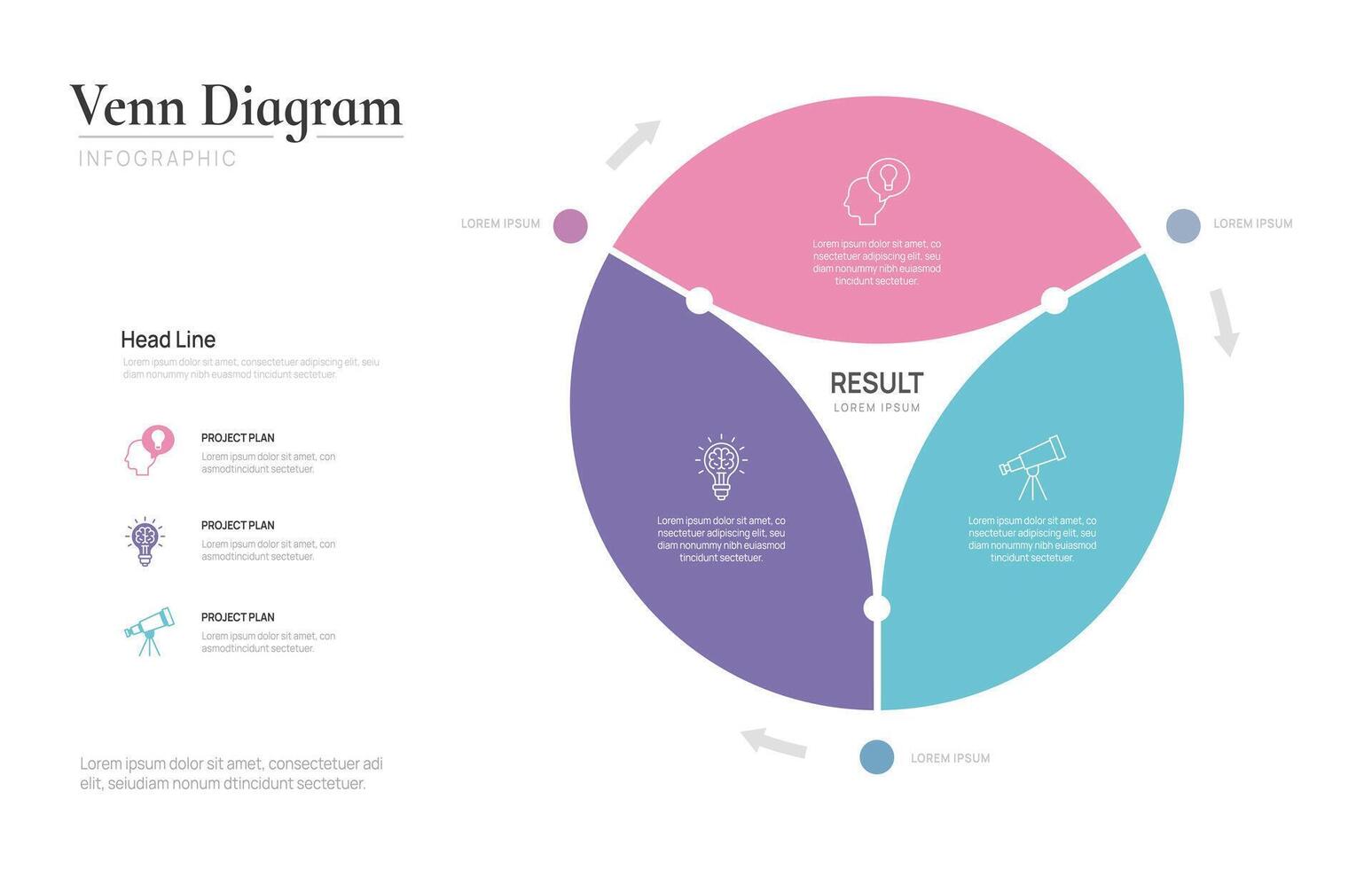 Venn diagram business infographic circle chart template 3 steps options, presentation with venn diagram elements. vector
