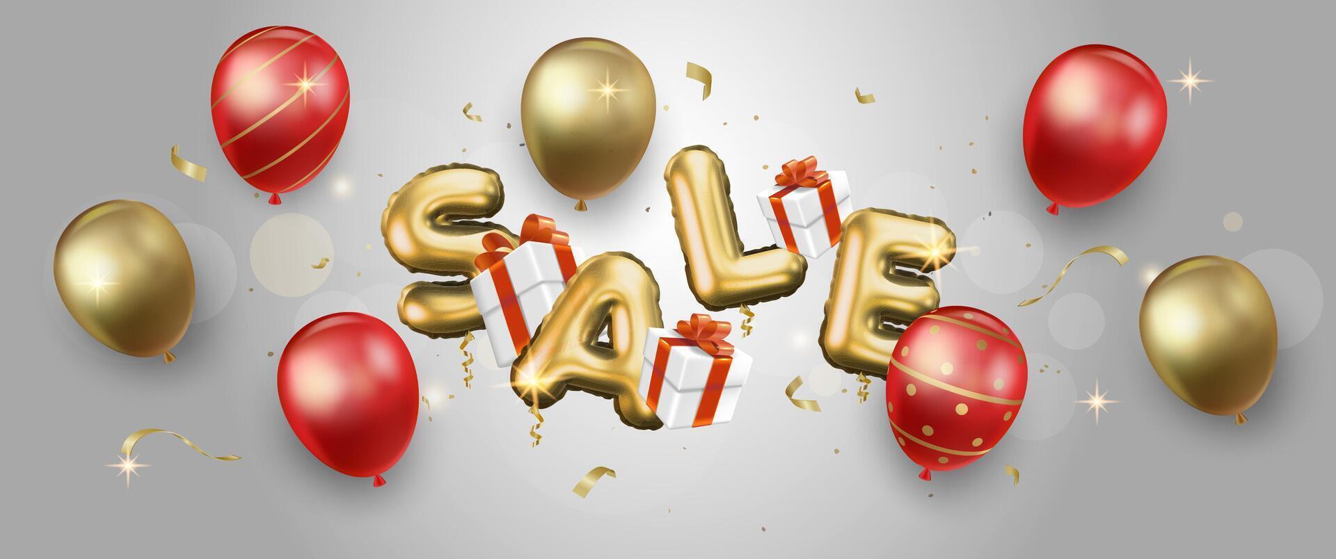 Festive red and gold balloons with SALE letter balloons on a bright silver background vector