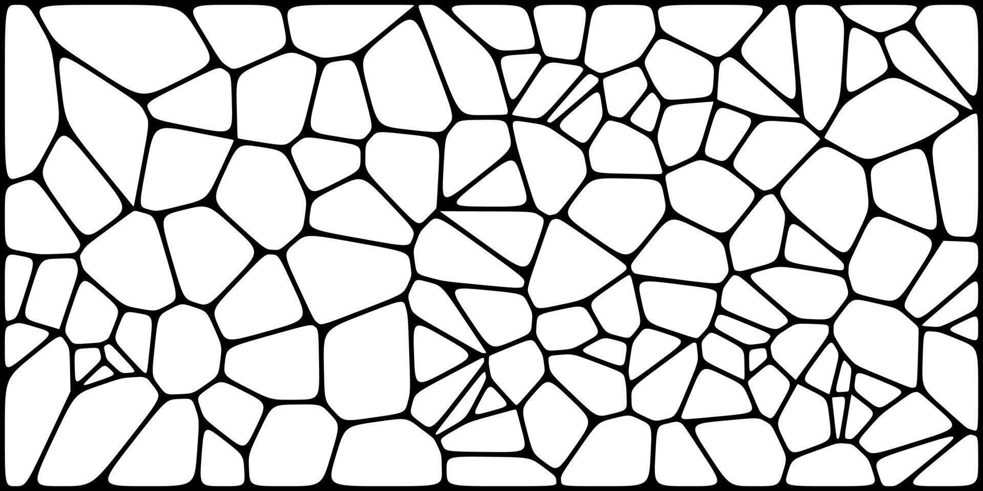 Abstract black and white irregular stone mosaic pattern with uneven polygonal shapes, resembling a stained glass or cracked pavement design. vector