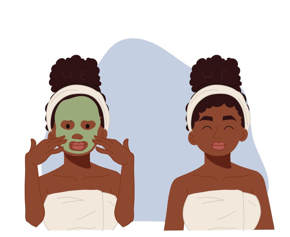 African American woman with mud clay mask sheet and result clear face.skin care concept. flat illustration. vector