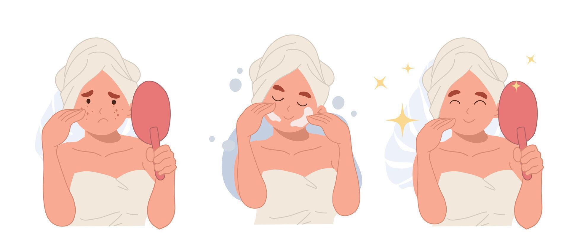 skin care concept.woman with acne, pimples problem.before and after.cleaning face. Flat cartoon character illustration vector