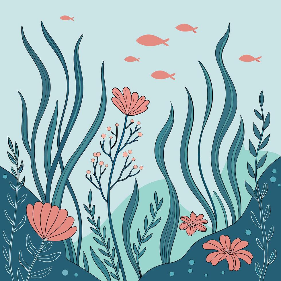 Whimsical underwater scene with coral flowers and swimming fish vector