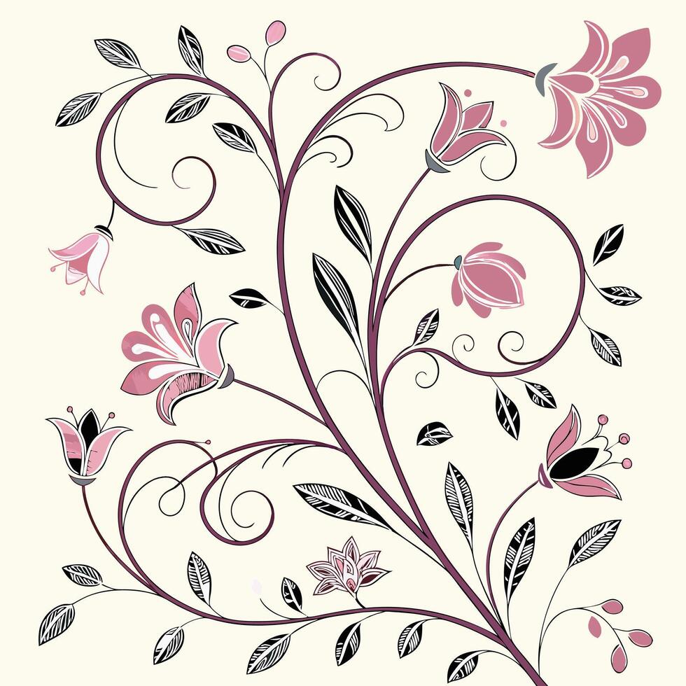 Elegant pink floral swirls and leaves on a cream background vector