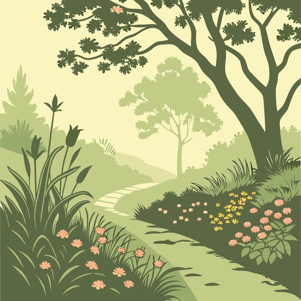 A serene garden path winds through lush greenery and blooming flowers under the shade of a large majestic tree vector