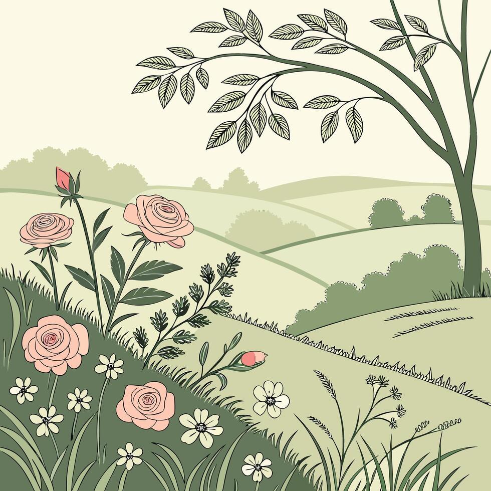 A charming illustration of a serene landscape featuring rolling hills a large tree and a vibrant meadow filled with blooming roses and wildflowers vector