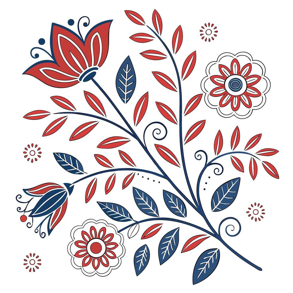 Stylized folk art floral design featuring red and blue flowers and leaves on a white background vector