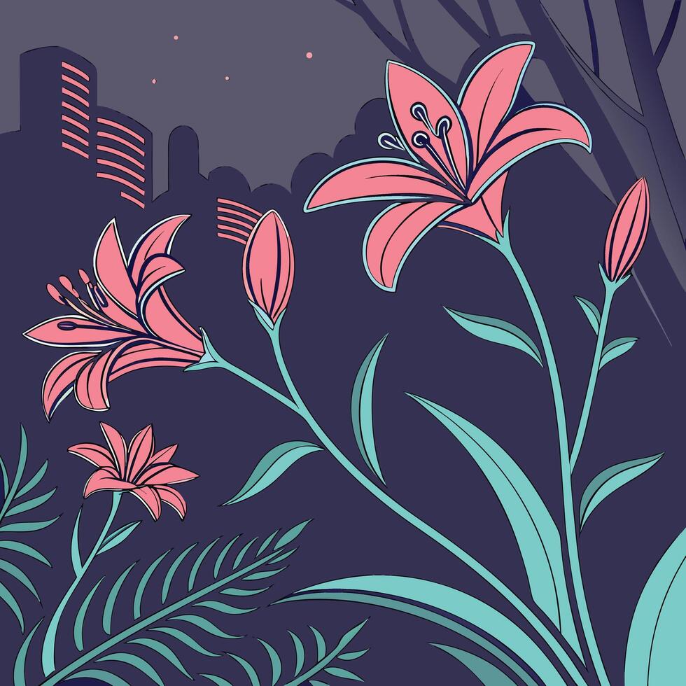 Stylized pink lilies bloom against a dark cityscape at dusk vector