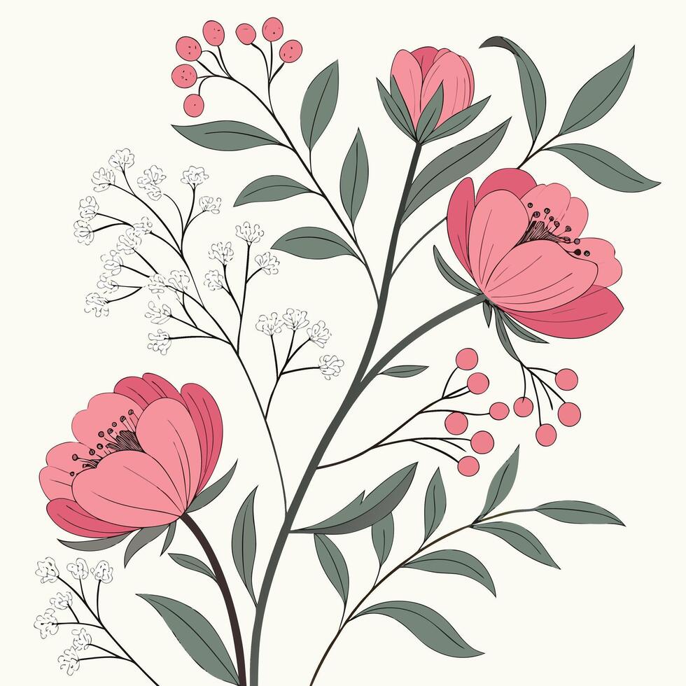 Delicate pink floral arrangement with delicate white flowers and red berries on a cream background vector