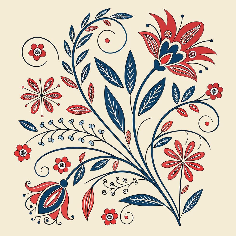 Elegant folk art floral design featuring red and blue flowers and swirling greenery on a cream background vector