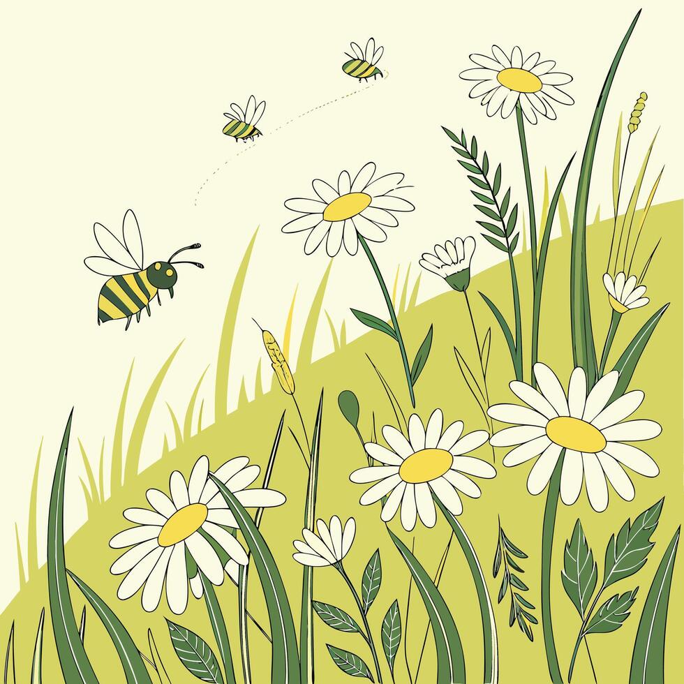 Charming illustration of busy bees buzzing around a field of white daisies and lush green grass on a sunny day vector