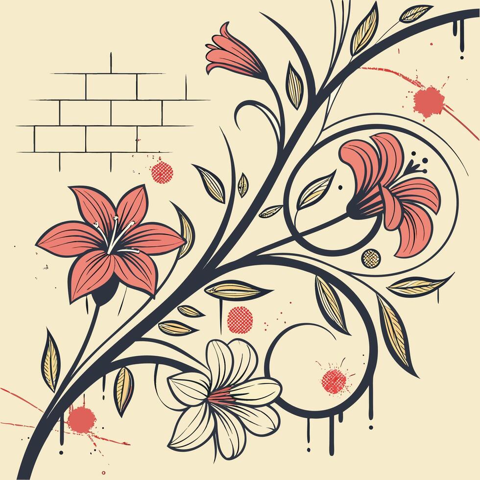 Artistic floral swirls with brick texture and splatter accents vector