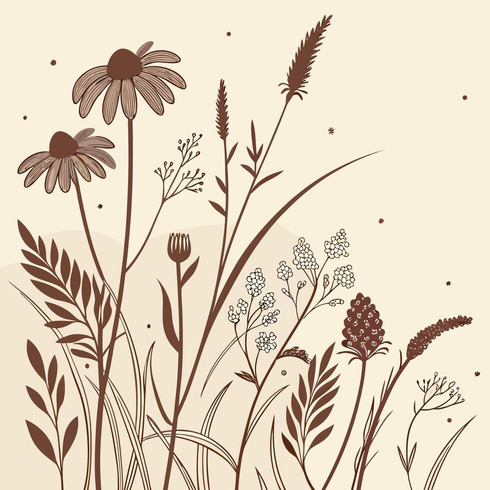 A serene silhouette of wildflowers and grasses in earthy tones evokes a peaceful meadow landscape vector