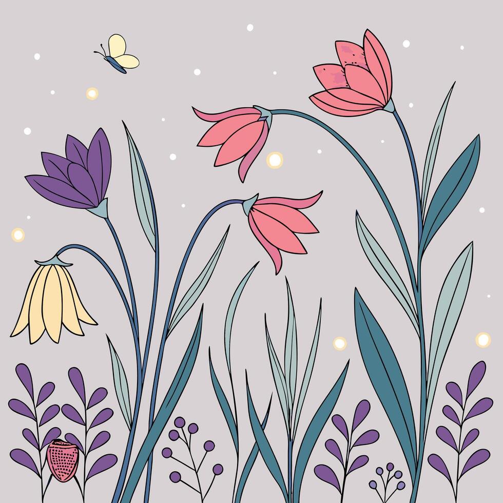 Whimsical garden scene with flowers butterfly and fireflies vector