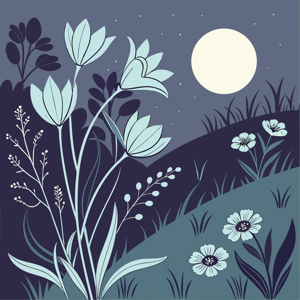 Serene night garden under a full moon with delicate flowers vector