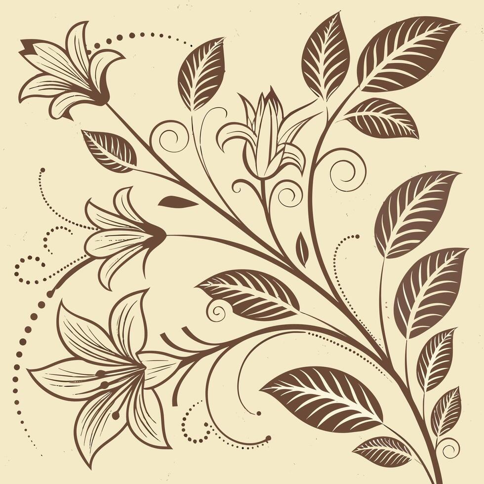 Seamless Elegant Hand Drawn Floral Art with Decorative Leaves and Swirls on Beige Background vector