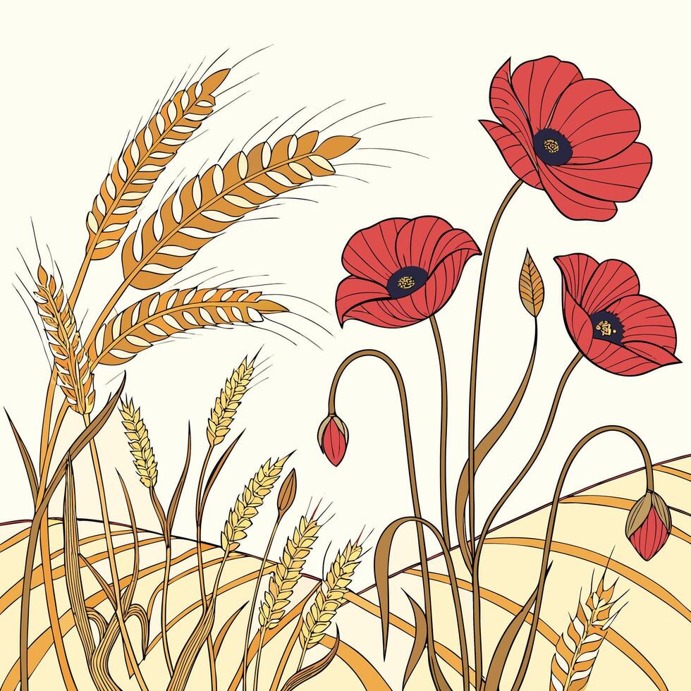 Vibrant red poppies bloom amongst golden wheat fields in stylized art vector