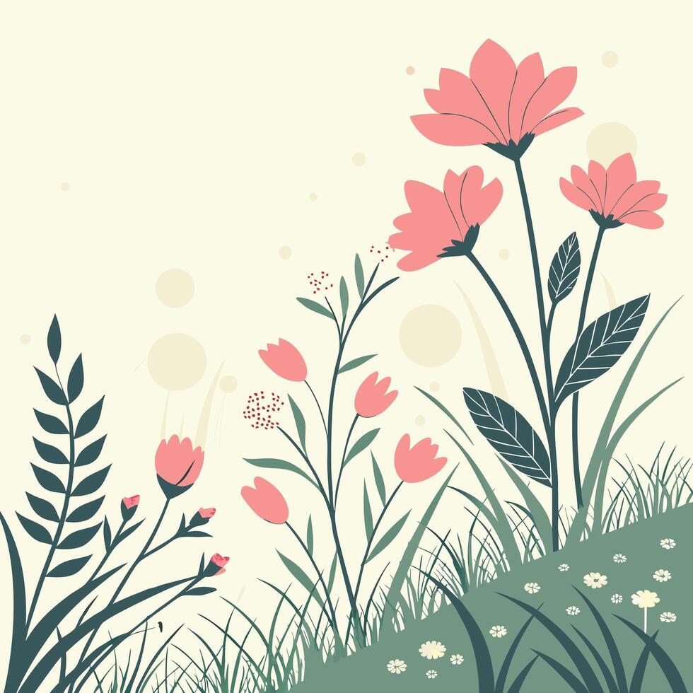 A gentle springtime meadow scene unfolds with delicate pink flowers and lush green foliage against a soft creamy background vector