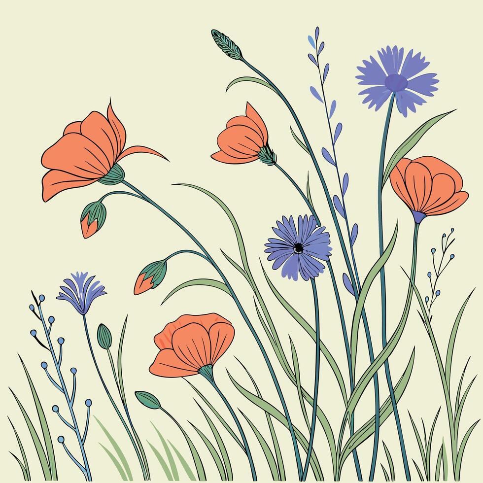 Delicate wildflowers in bloom with orange and blue hues vector