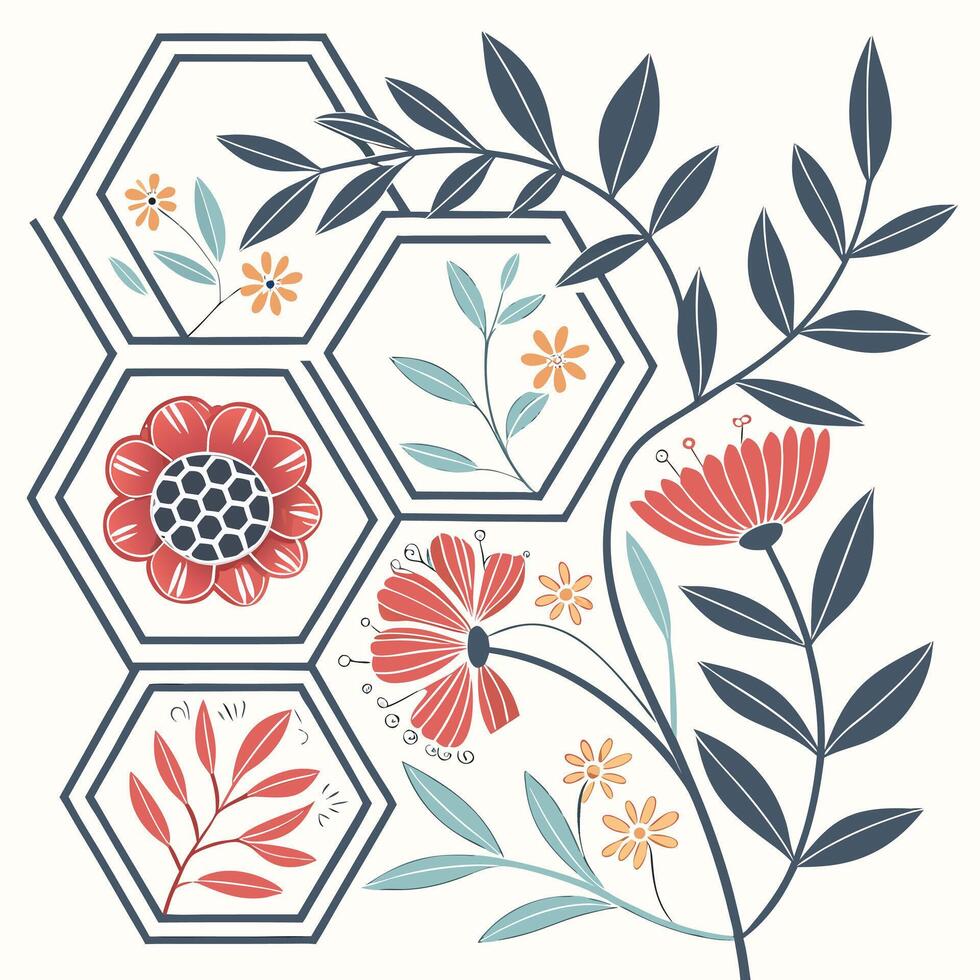 Geometric hexagons frame stylized flowers and leaves in a botanical design vector
