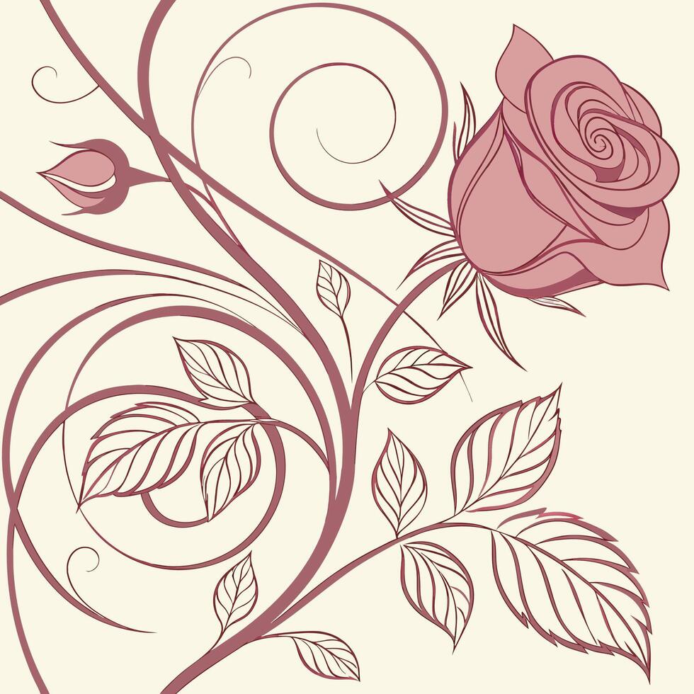 Elegant dusty rose rose and bud with swirling vine flourishes on a creamy beige background vector