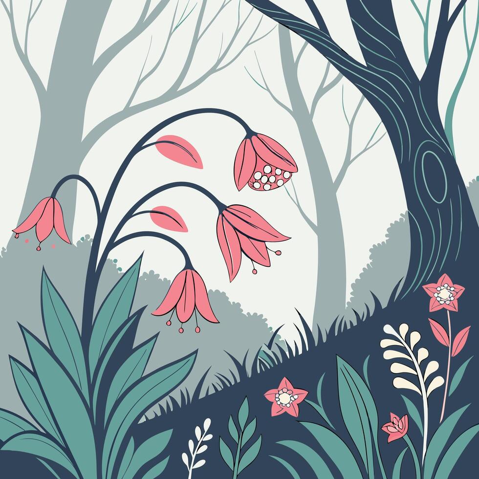 Enchanting forest scene with bell shaped flowers and tall trees vector
