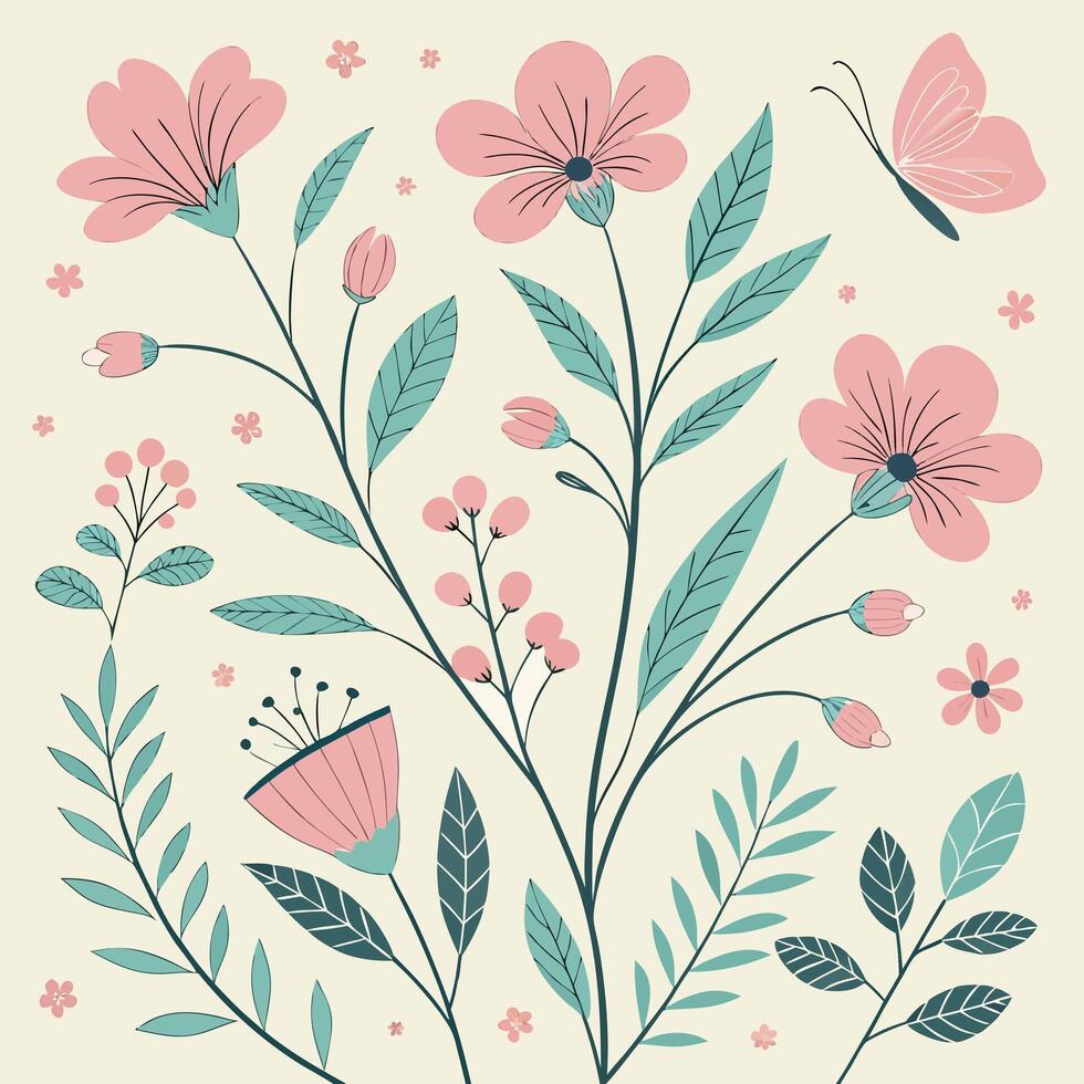 Whimsical spring garden illustration featuring delicate pink flowers lush green leaves and a gentle pink butterfly vector