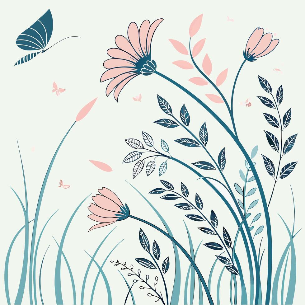 Whimsical meadow scene with pink flowers and flying butterflies vector