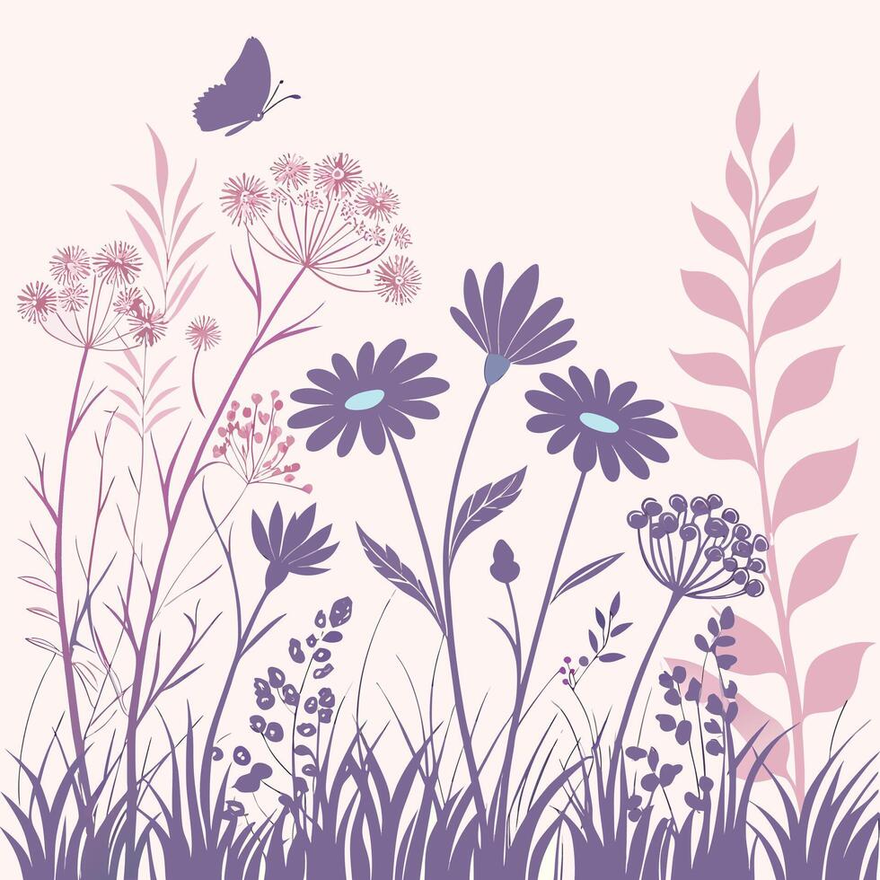 Delicate purple wildflowers and butterfly silhouette on a cream background vector