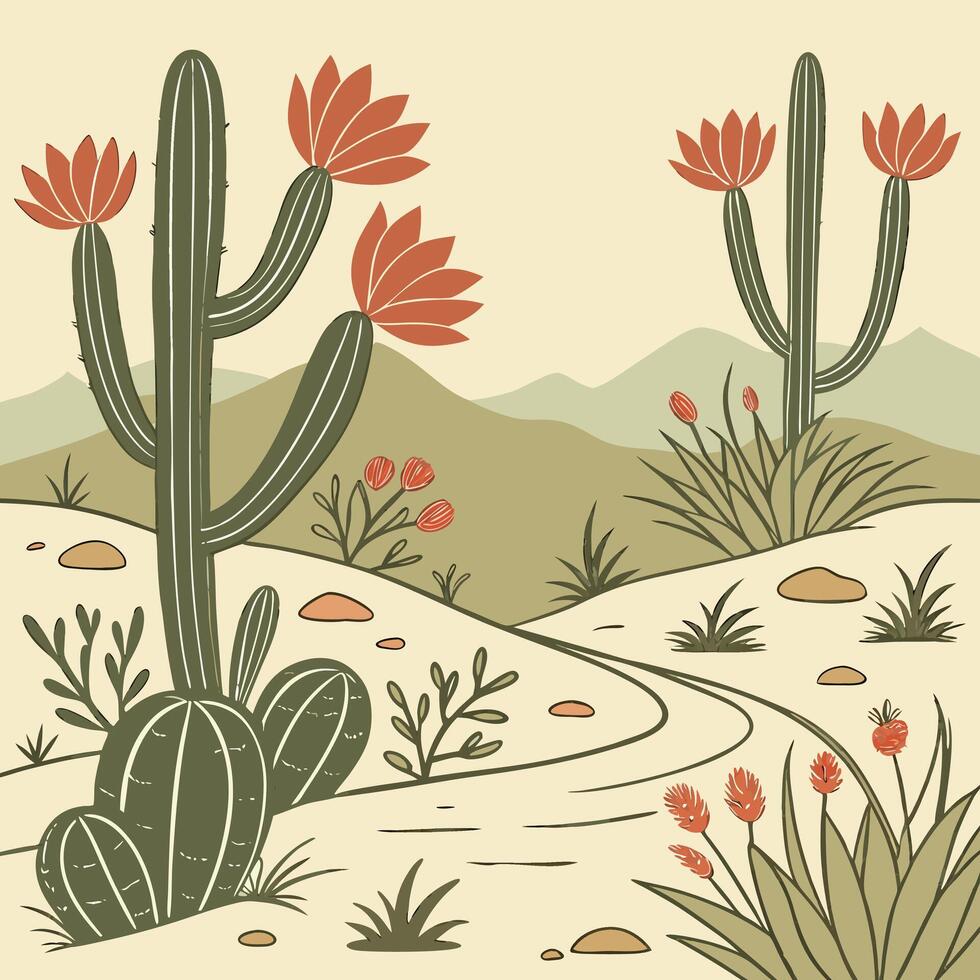 A charming desert landscape illustration featuring blooming saguaro cacti and rolling hills under a pale sky vector
