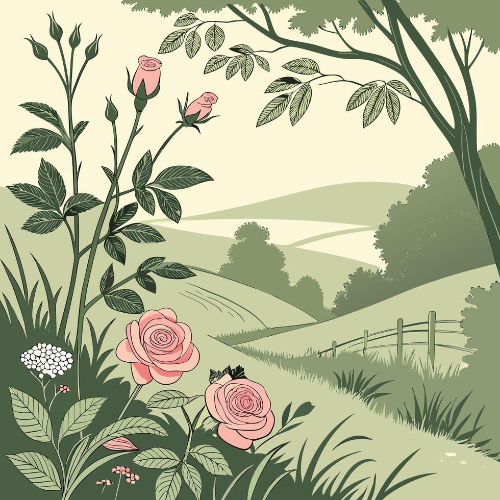 Charming countryside scene with pink roses and rolling hills vector