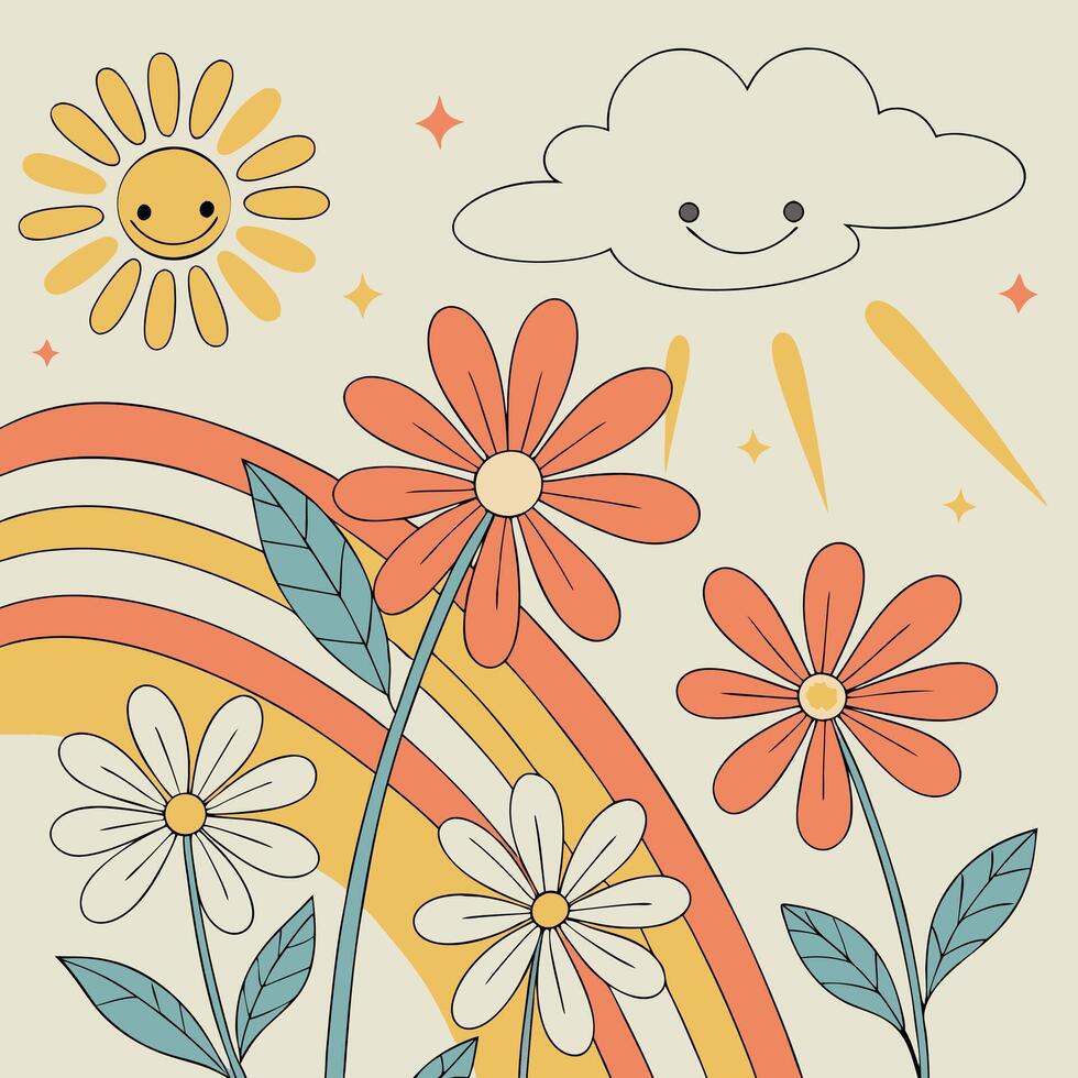 Retro sunshine and flowers with a happy cloud and rainbow vector