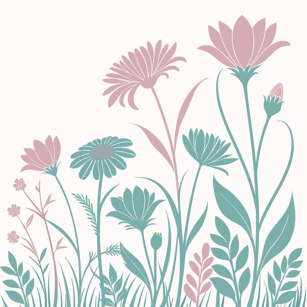 Soft pastel silhouettes of wildflowers and foliage on a cream background vector