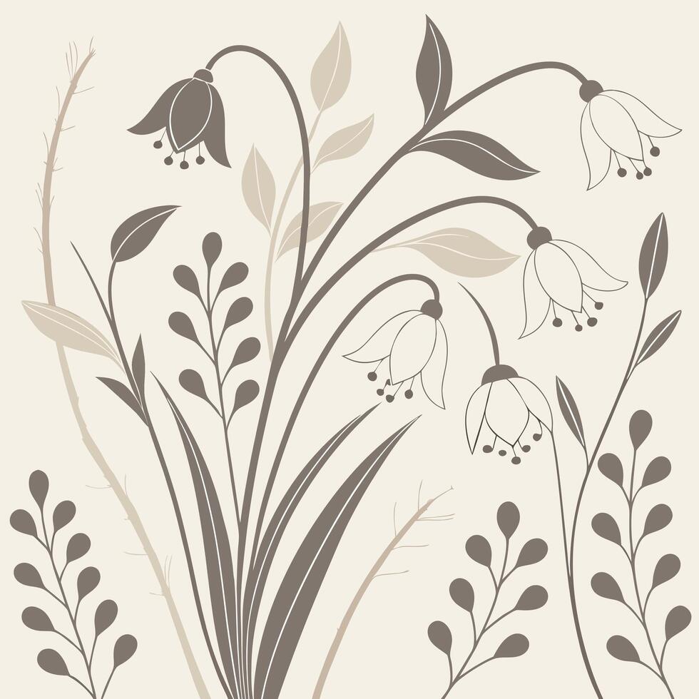 Elegant minimalist floral illustration featuring delicate bell shaped flowers and botanical elements in a muted earth toned color palette vector