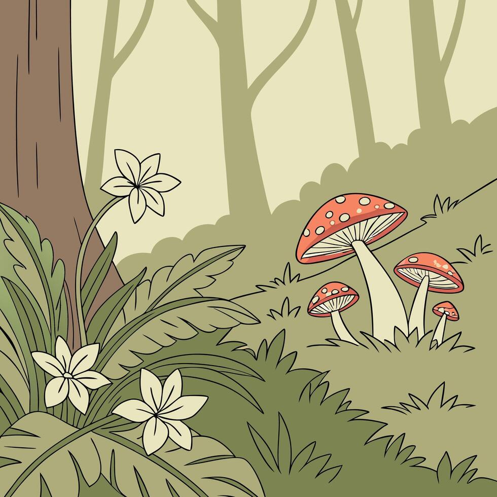 Enchanting forest scene with delicate white flowers and vibrant red spotted mushrooms nestled amongst lush green foliage and trees vector