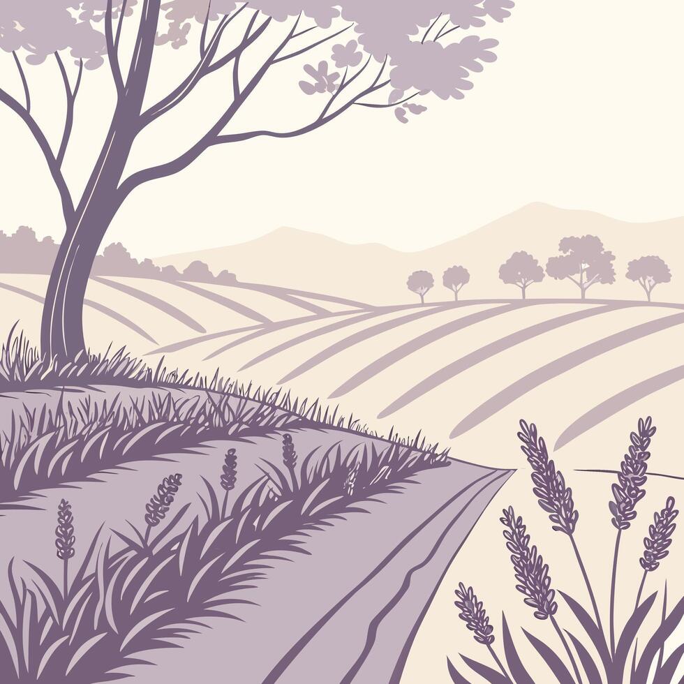 Serene lavender field with rolling hills and a majestic tree vector